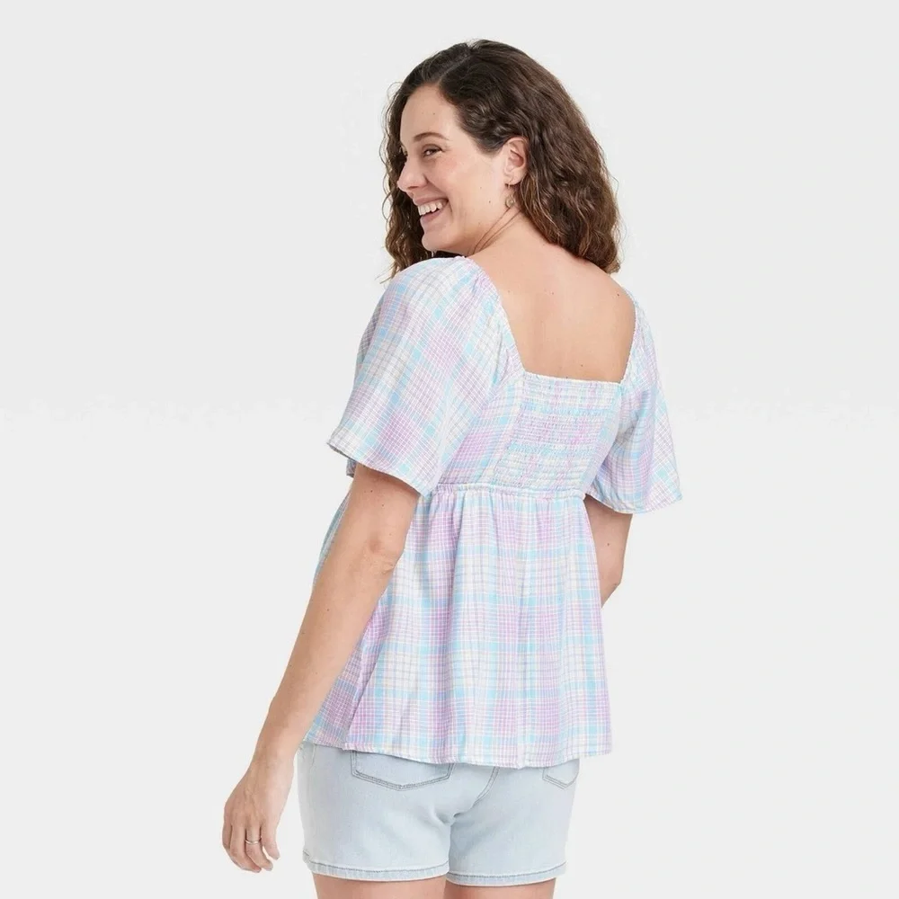 Ingrid & Isabel Woven Peek-a-boo Tie-Front Smocked Maternity Top Plaid -Size XL - Picture 2 of 3